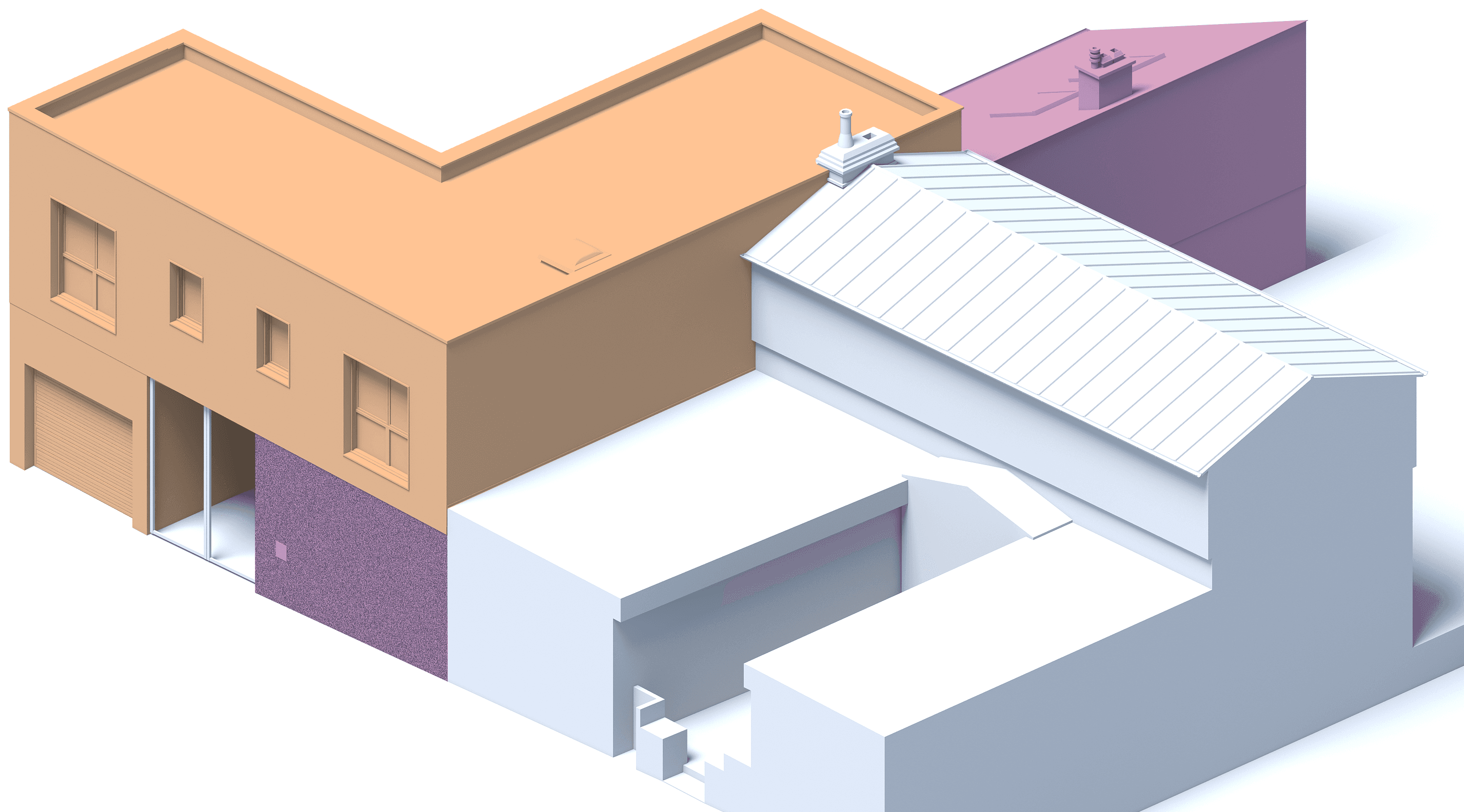 Axonométrie du projet. Neuf en orange, Existant en mauve. En blanc le bâtiment voisin.