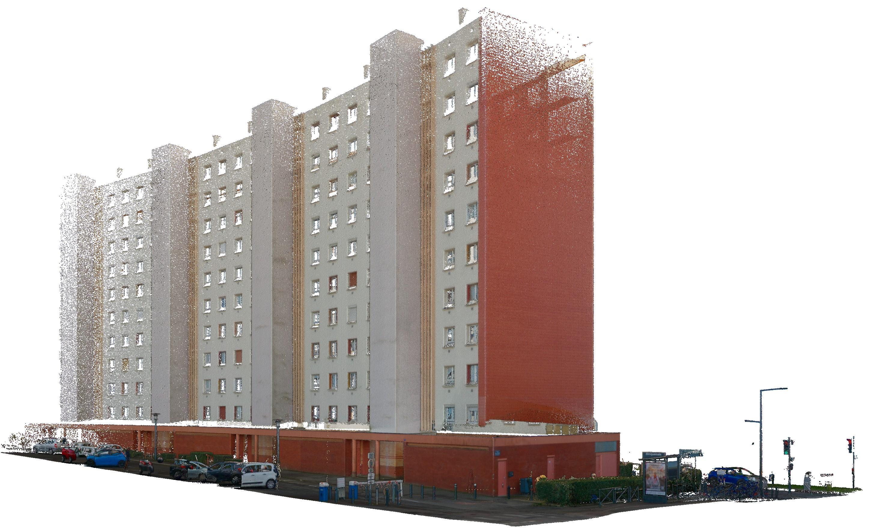 Vue Nord-Ouest : Relevé de l'existant, extrait du nuage de points réalisé au scanner laser