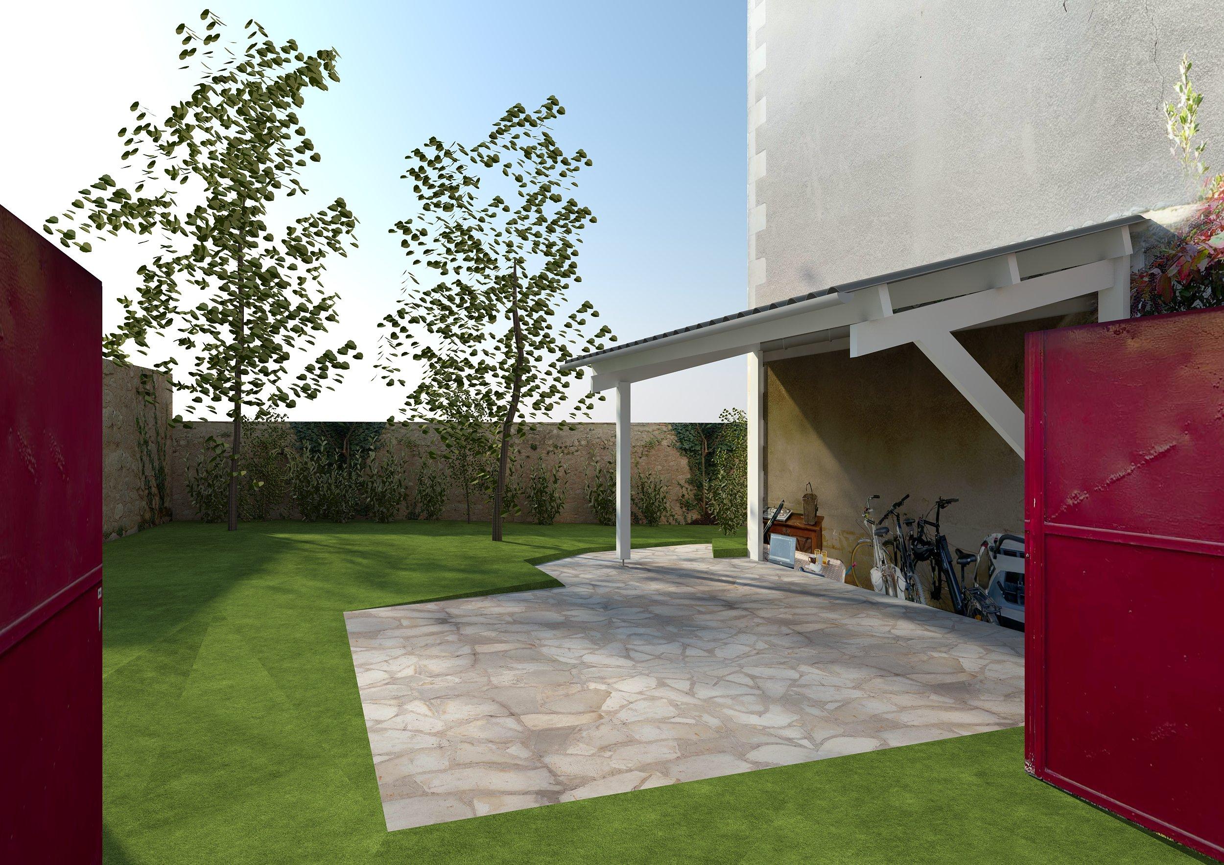 Visuel de l'existant : Jardin et auvent (garage à vélos)